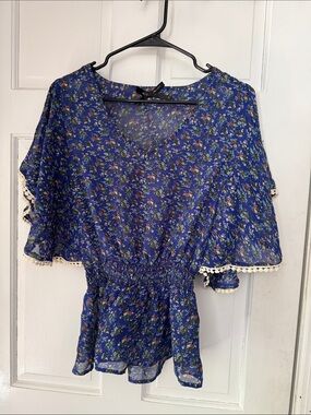 Ali & Kris Royal Blue Floral Smocked Waist Blouse with Crochet Trim
